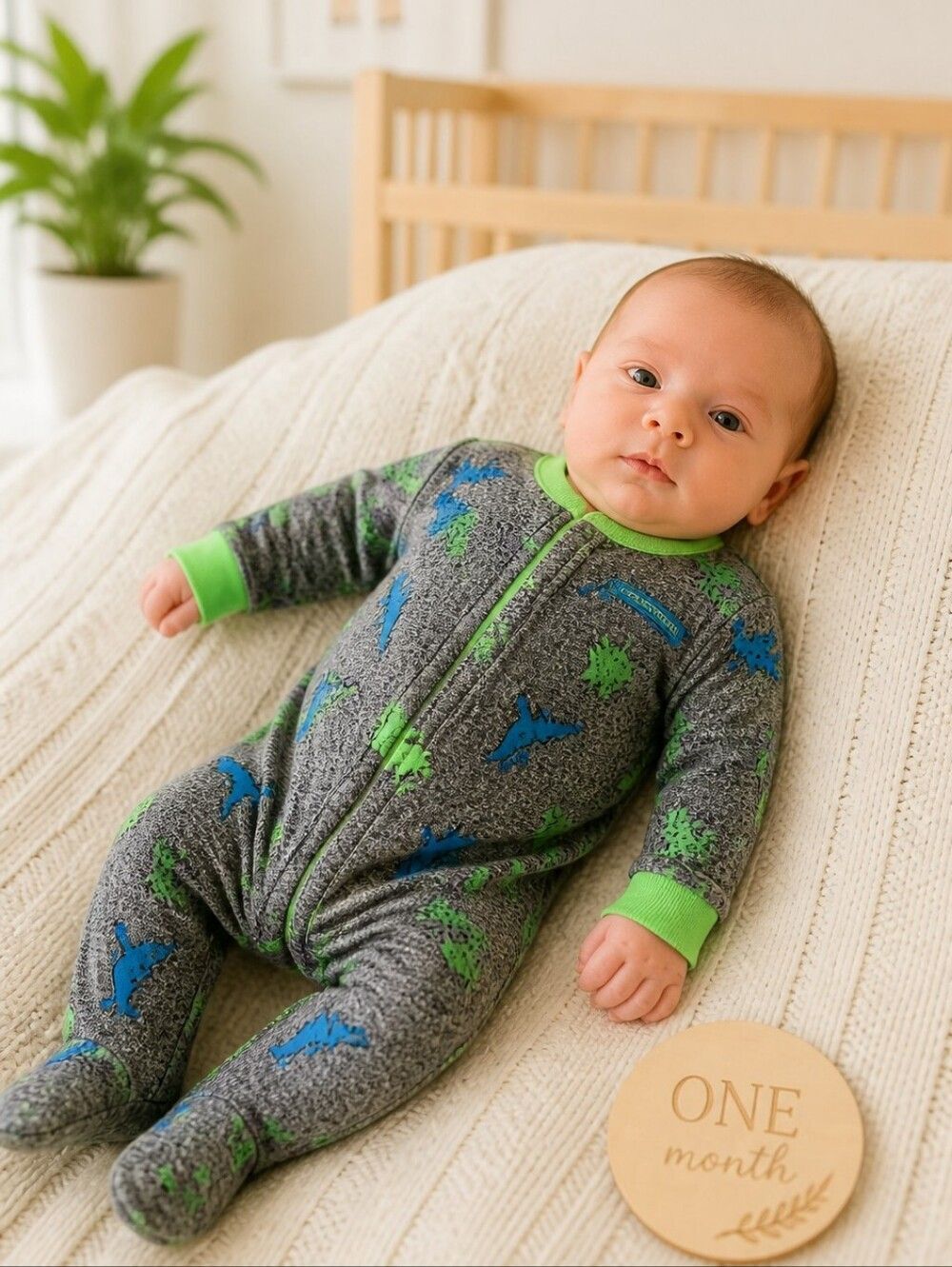 Carter's Boys 0-3M Soft Fleece Dinosaur Gray One-Piece PJ Footie Winter Pajamas
